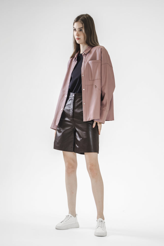 
                  
                    LOTUS PINK/COFFEE LEATHER LONG JACKET
                  
                