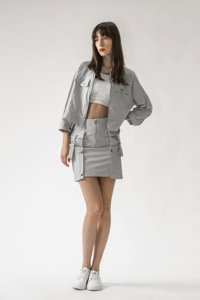 GRAY/WHITE WINDBREAKER UTILITY MINI SKIRT