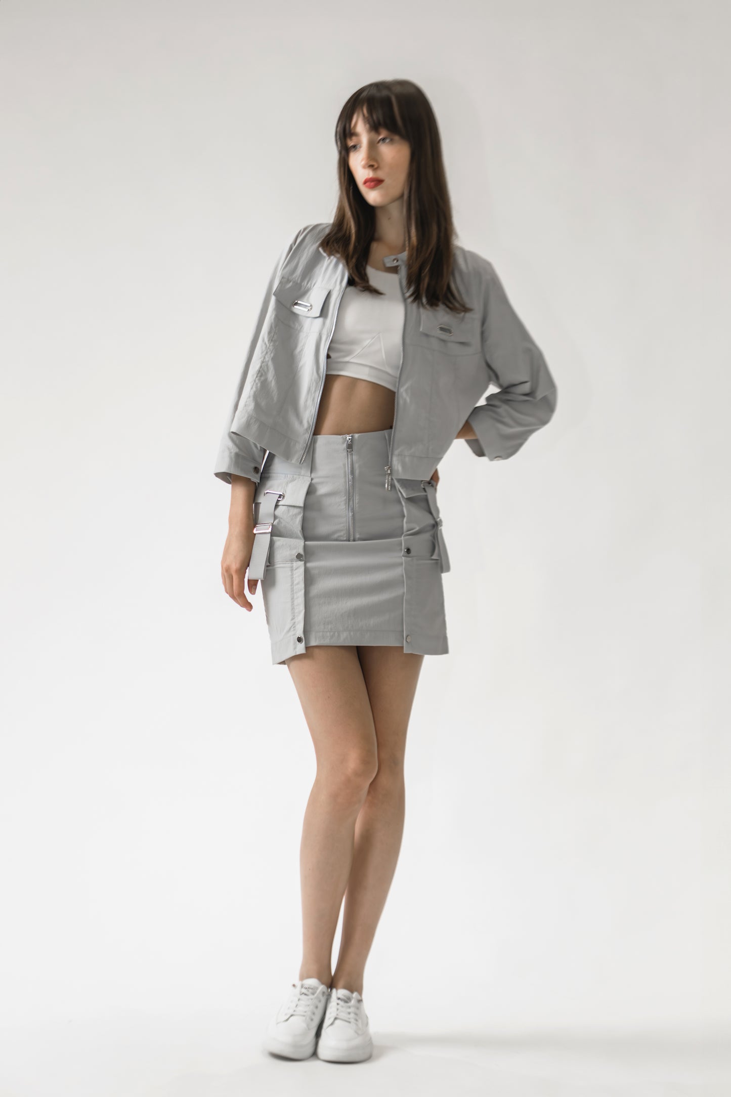 
                  
                    GRAY/WHITE WINDBREAKER UTILITY MINI SKIRT
                  
                