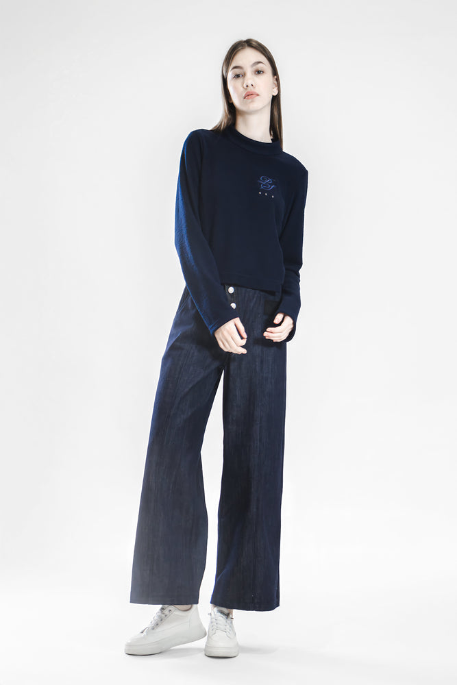 MATTE BLUE ASYMMETRIC WAIST WIDE-LEG BRUSHED DENIM PANTS