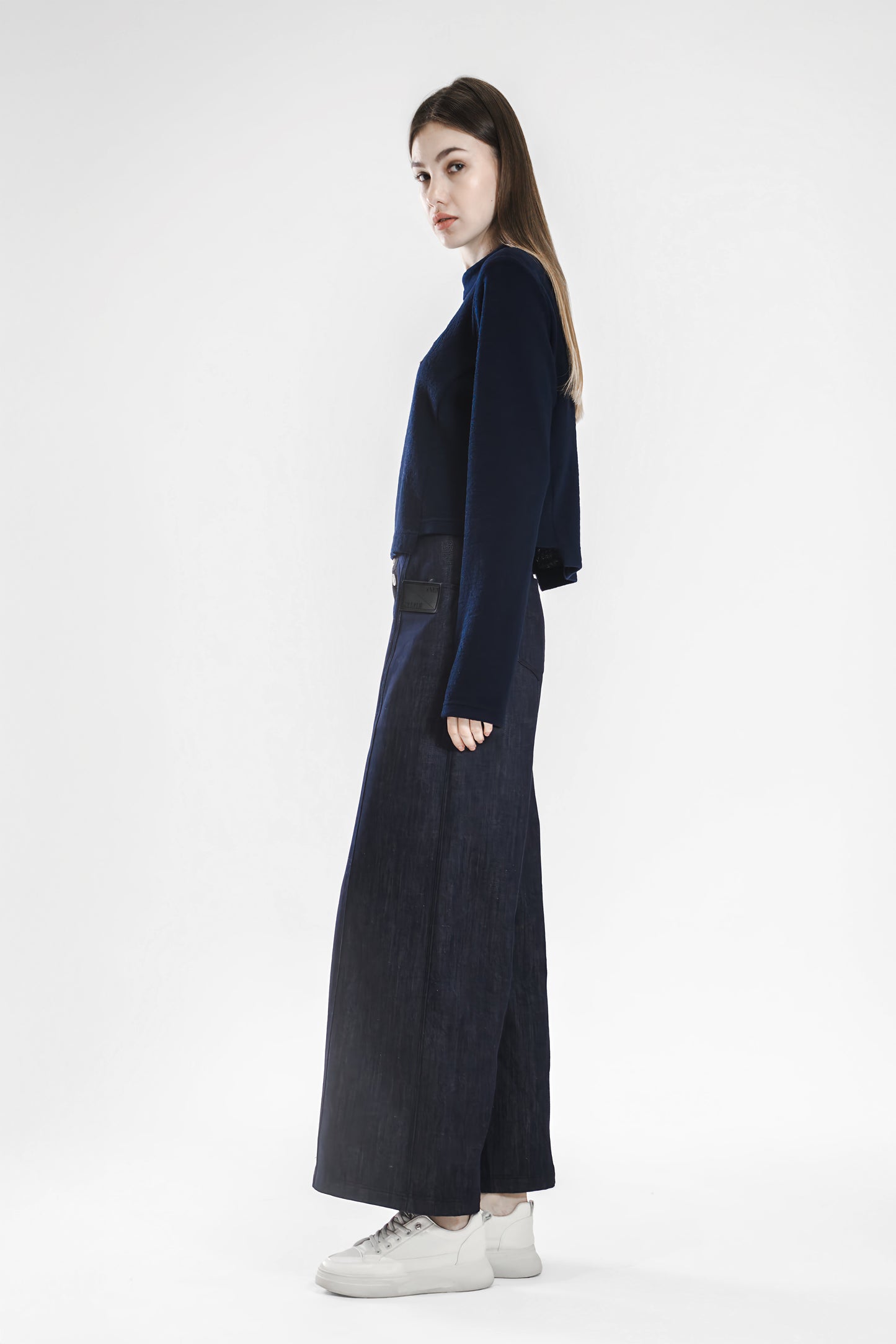 MATTE BLUE ASYMMETRIC WAIST WIDE-LEG BRUSHED DENIM PANTS