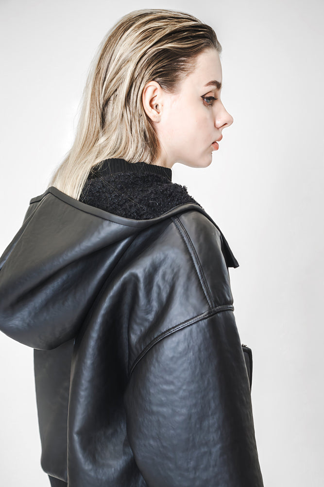 
                  
                    BLACK LEATHER SHORT REVERSIBLE JACKET
                  
                