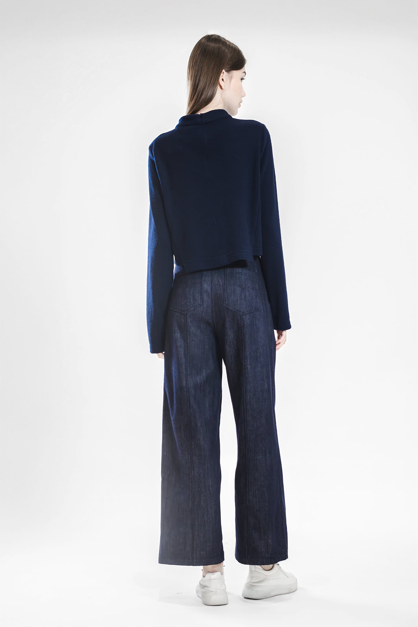 
                  
                    MATTE BLUE ASYMMETRIC WAIST WIDE-LEG BRUSHED DENIM PANTS
                  
                