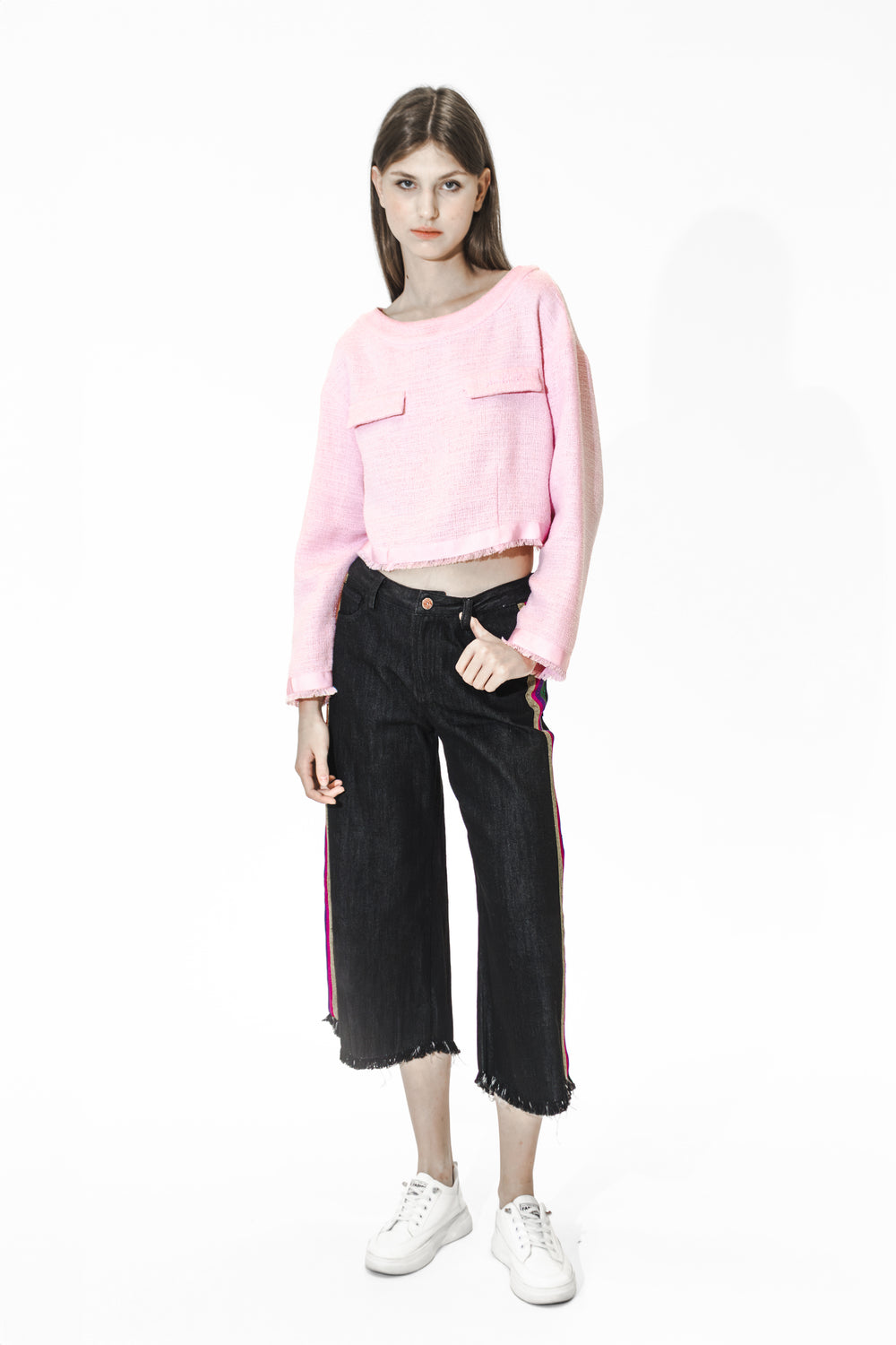 SOFT PINK/BLACK DOUBLE-FLAP CREW NECK TOP