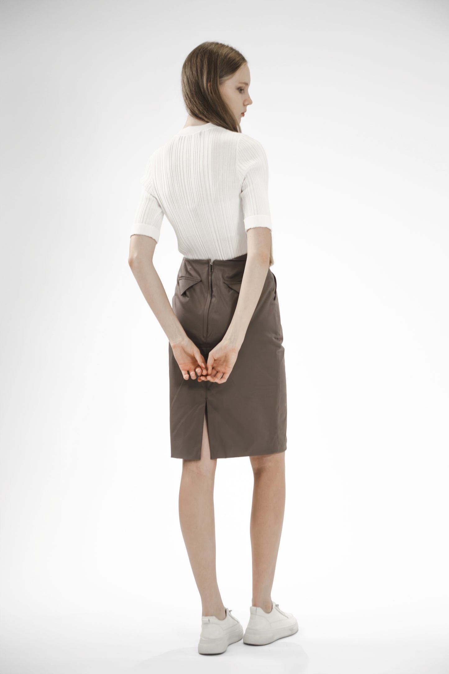 
                  
                    BROWN FLAP-STYLE MIDI SKIRT
                  
                