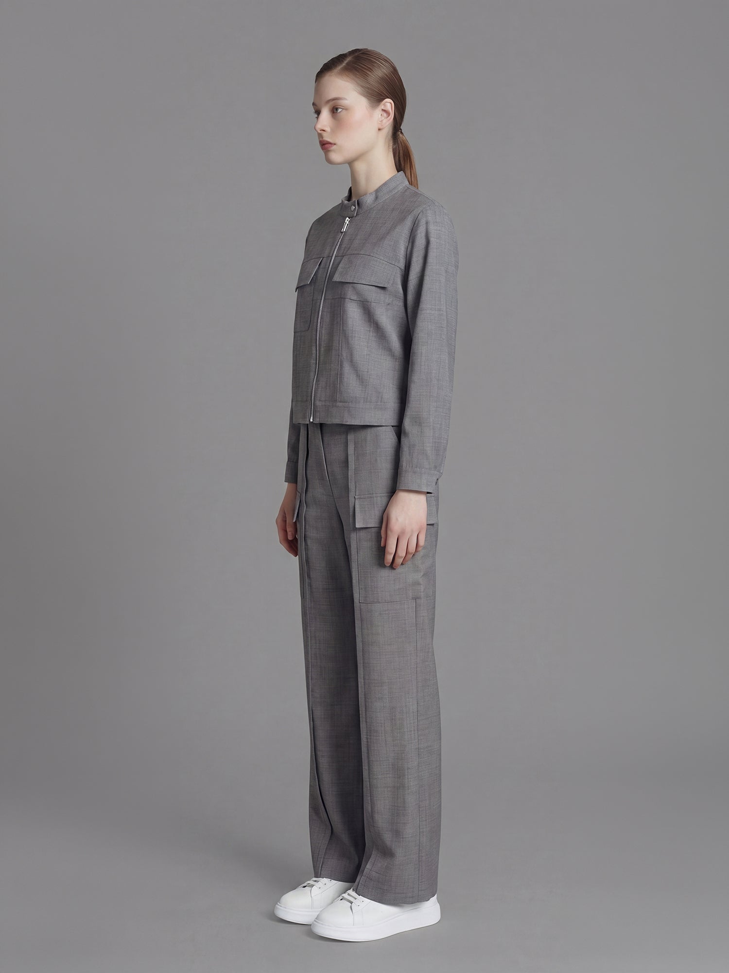 COOL SILVER GRAY / MISTY PURPLE GRAY CROPPED LONG-SLEEVE BLAZER JACKET