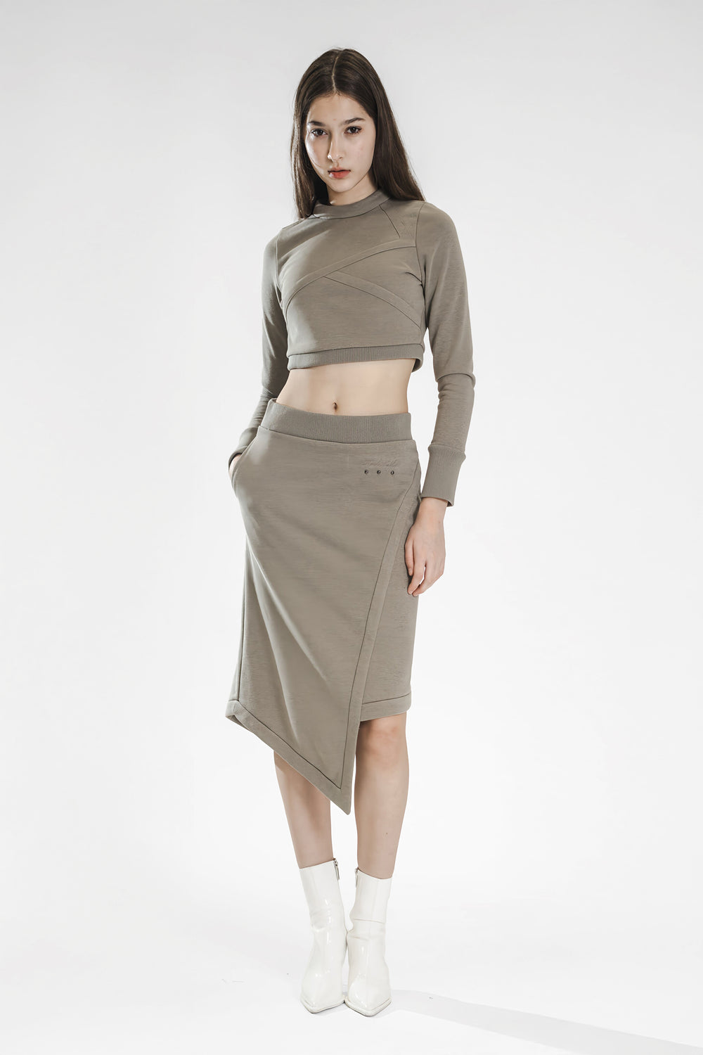 MOCHA ASYMMETRICAL MID-LENGTH SKIRT