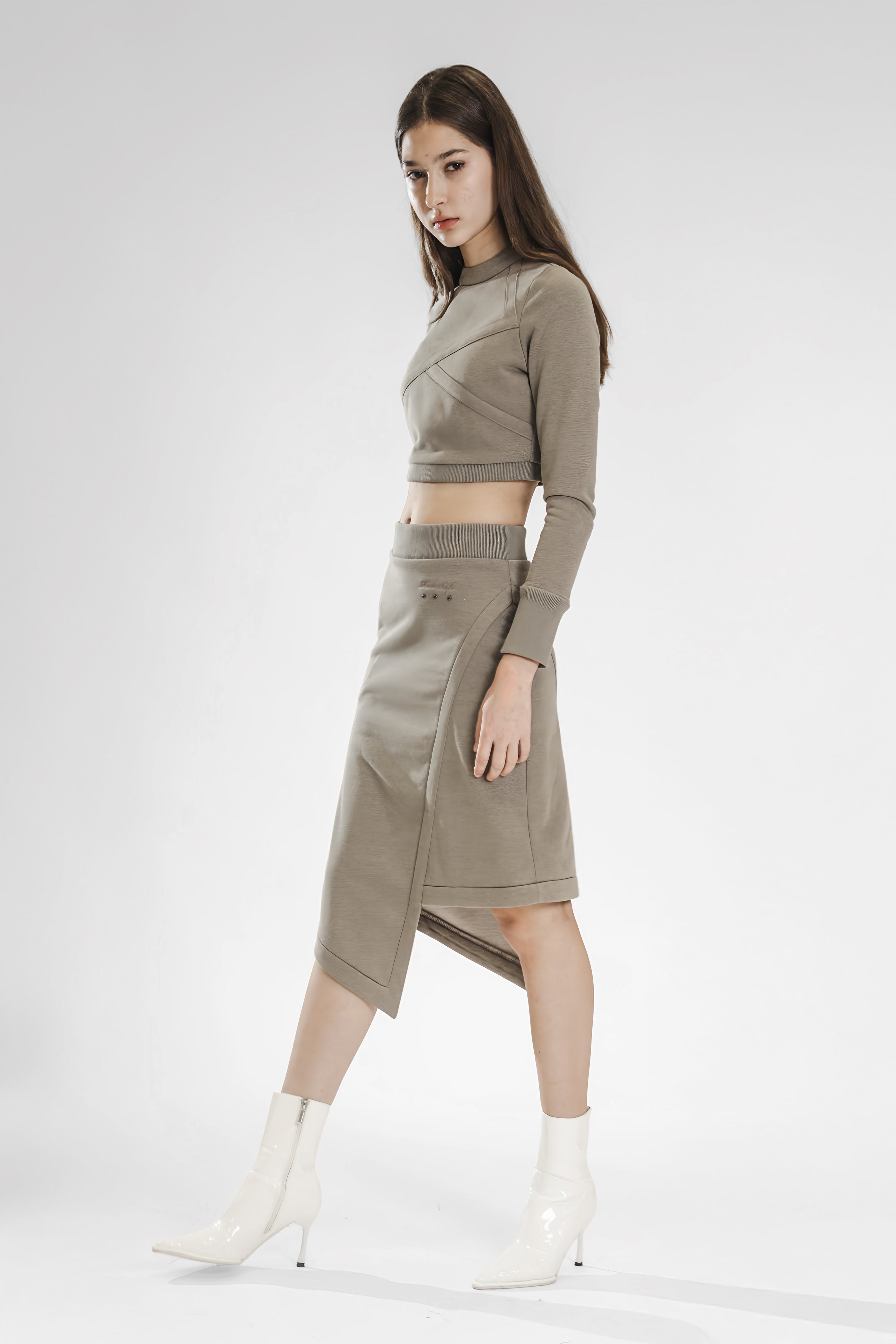 MOCHA ASYMMETRICAL MID-LENGTH SKIRT