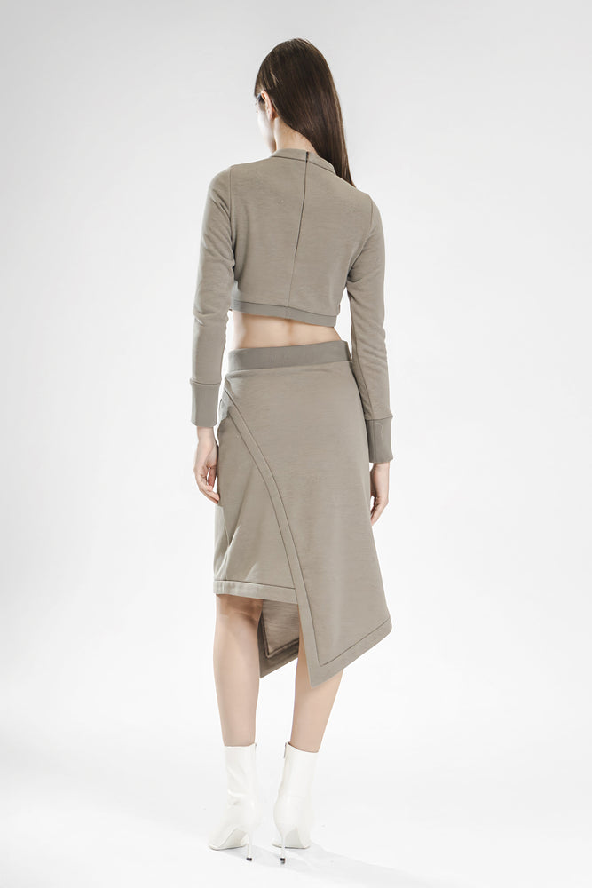 
                  
                    MOCHA ASYMMETRICAL MID-LENGTH SKIRT
                  
                