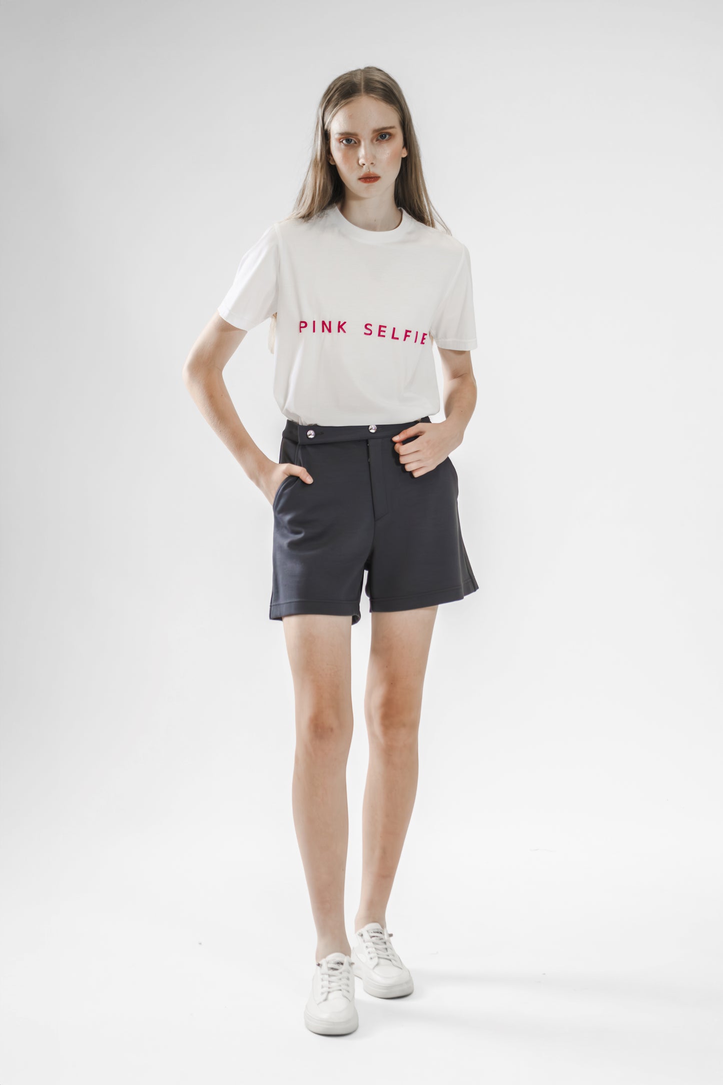 
                  
                    Gray A-Line Shorts with Diagonal V-Cut Pockets
                  
                