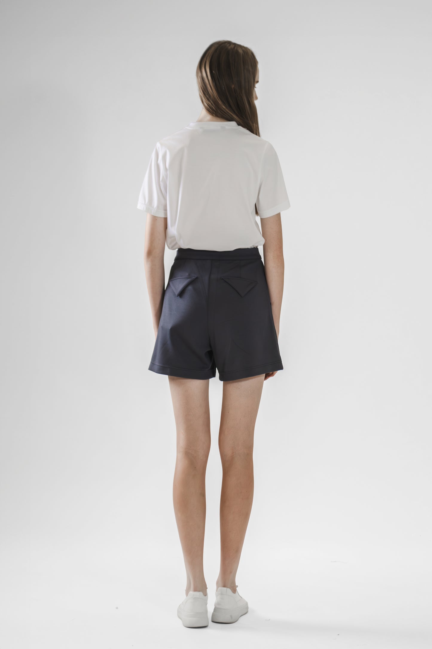 
                  
                    Gray A-Line Shorts with Diagonal V-Cut Pockets
                  
                