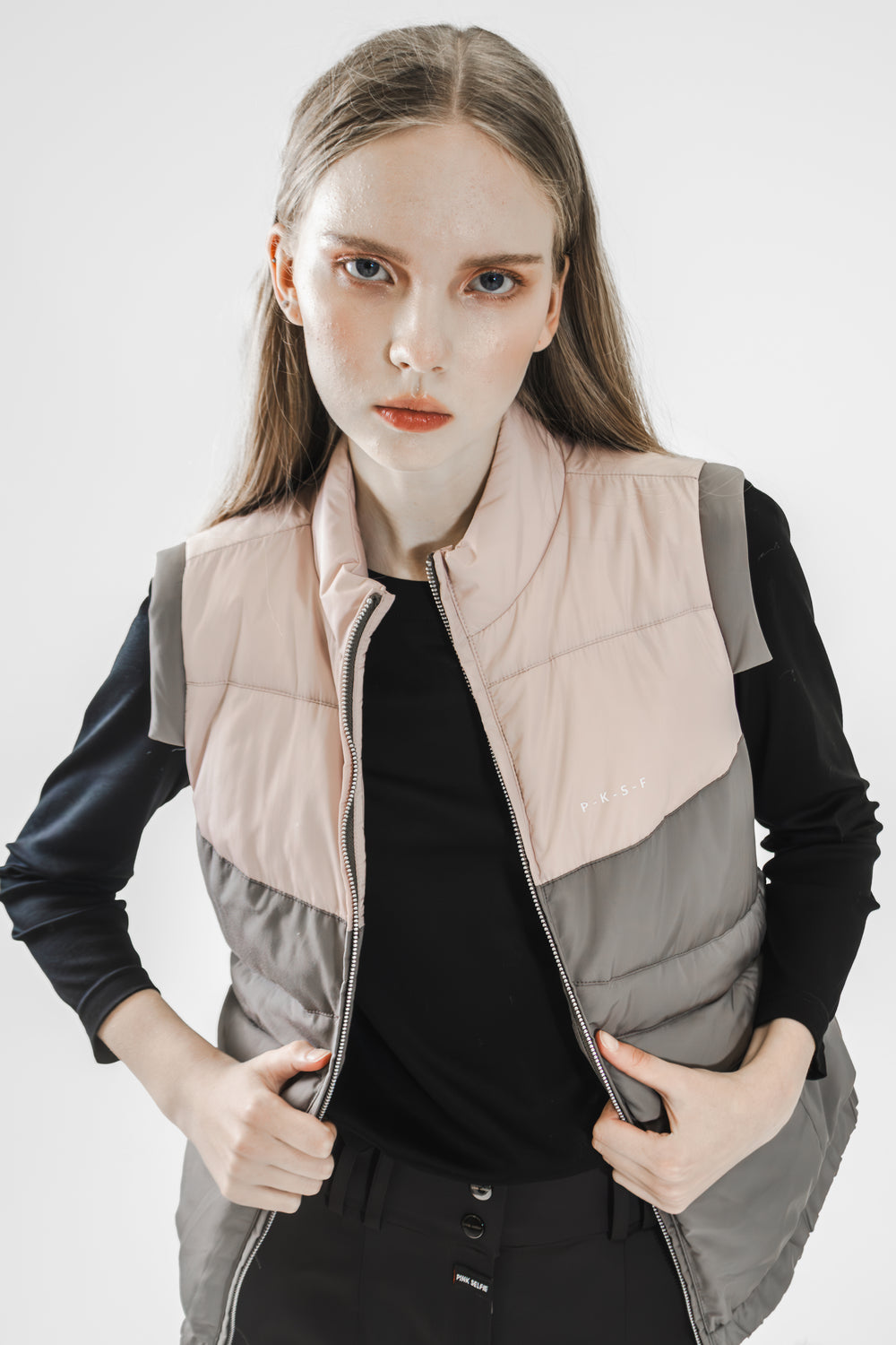 COFFEE PINK/GREEN PINK COLOR-BLOCKED STAND COLLAR VEST