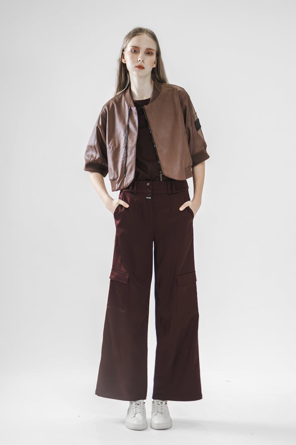 BLACK/BURGUNDY WIDE-LEG LONG PANTS