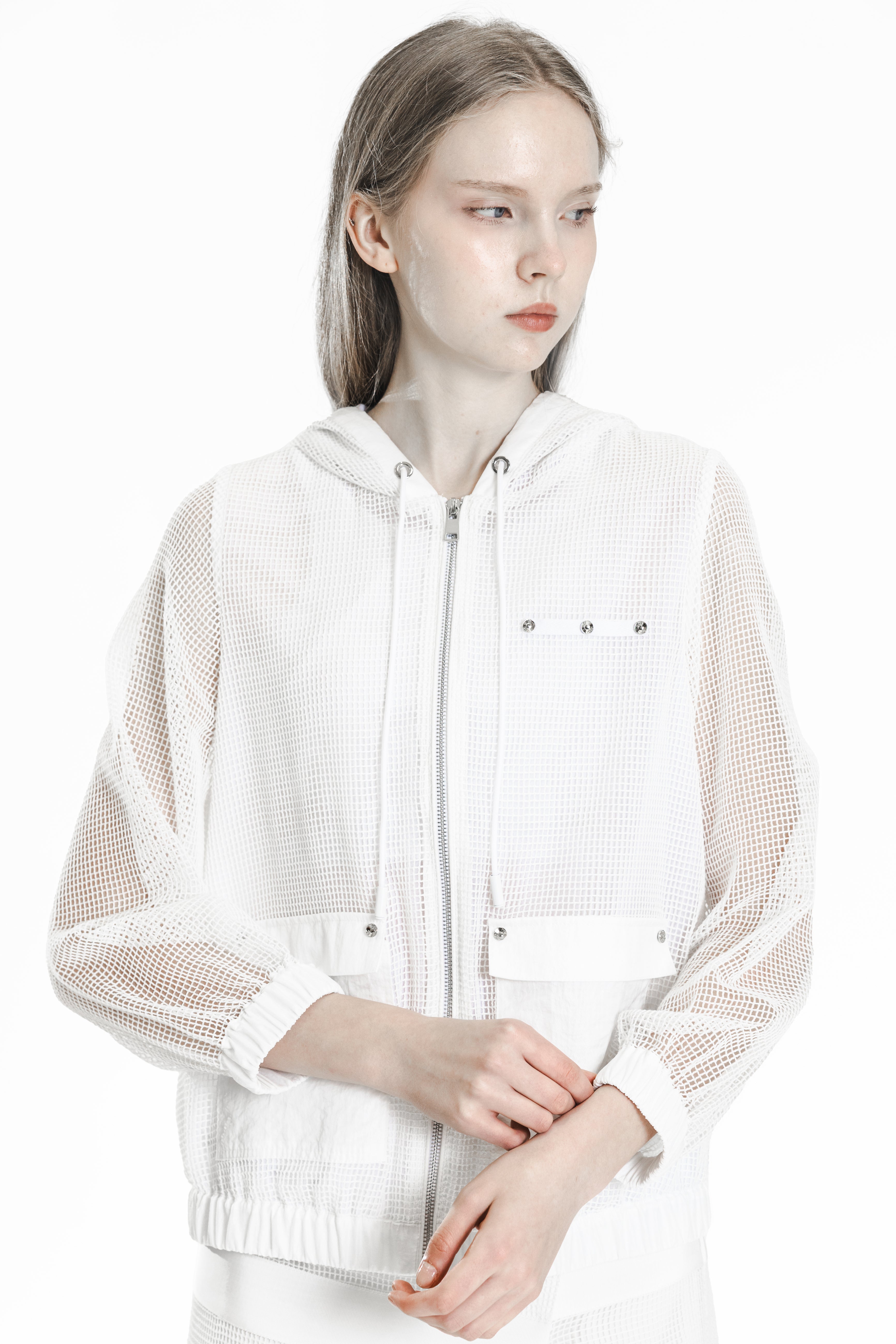 WHITE PLAID CASUAL HOODED WINDBREAKER