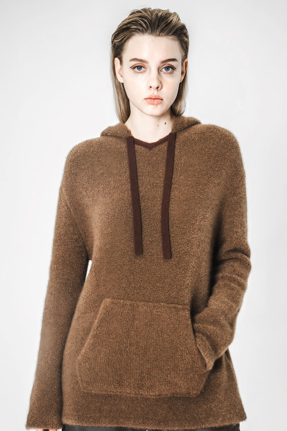 COFFEE BROWN / STYLISH BLACK HOODED KNIT TOP