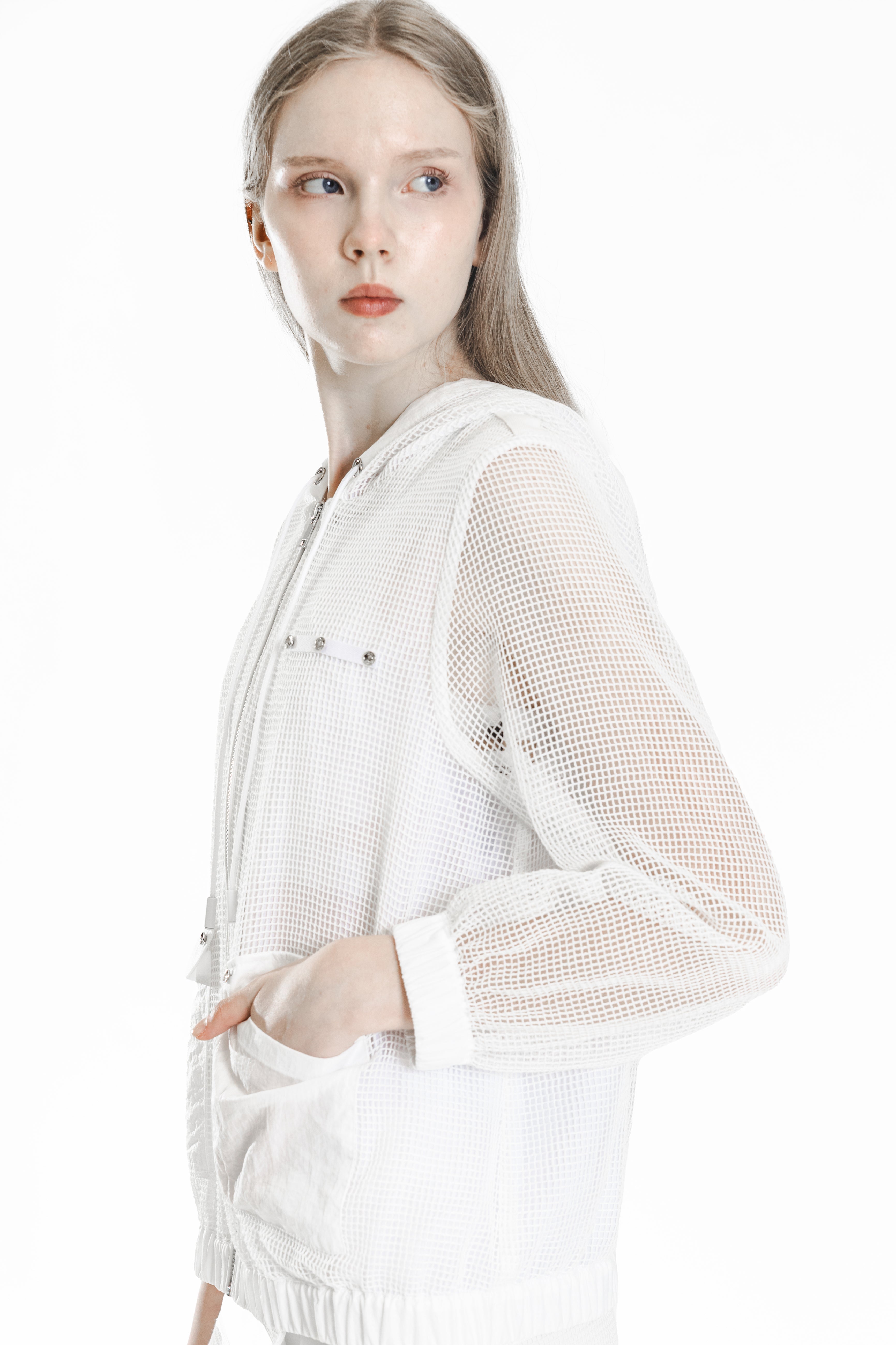 WHITE PLAID CASUAL HOODED WINDBREAKER