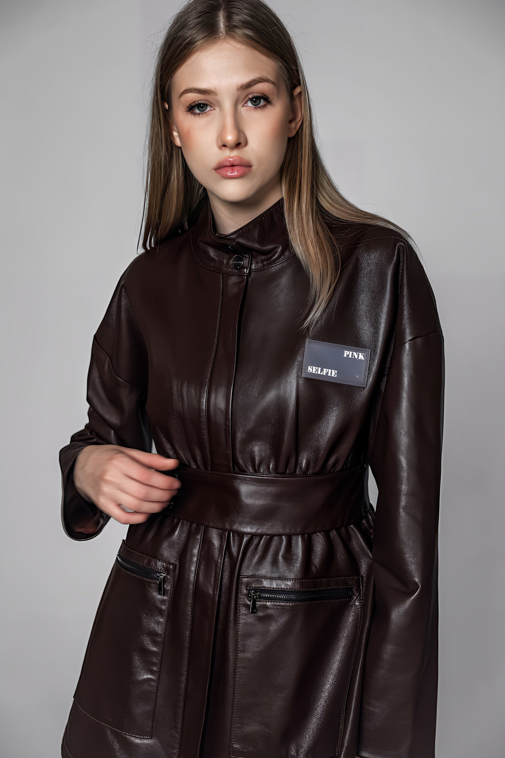 BLACK/BROWN GENUINE LEATHER LONG COAT