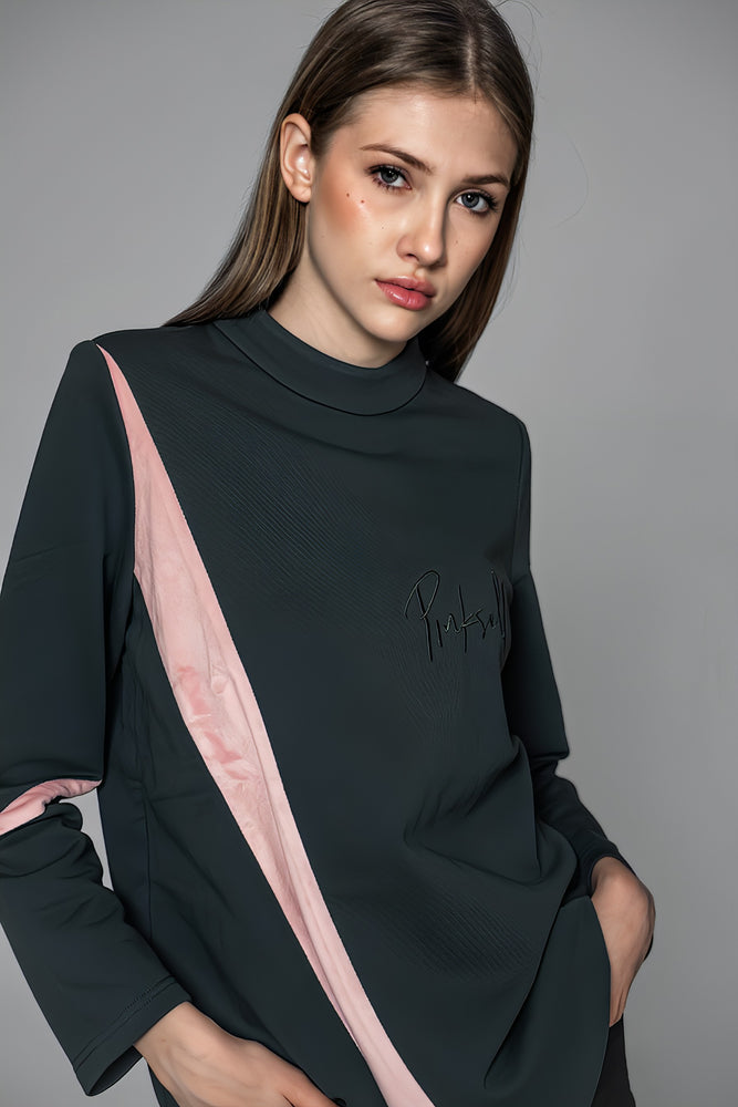 
                  
                    PURPLE/GREEN COLOR-BLOCK TURTLENECK SWEATSHIRT
                  
                