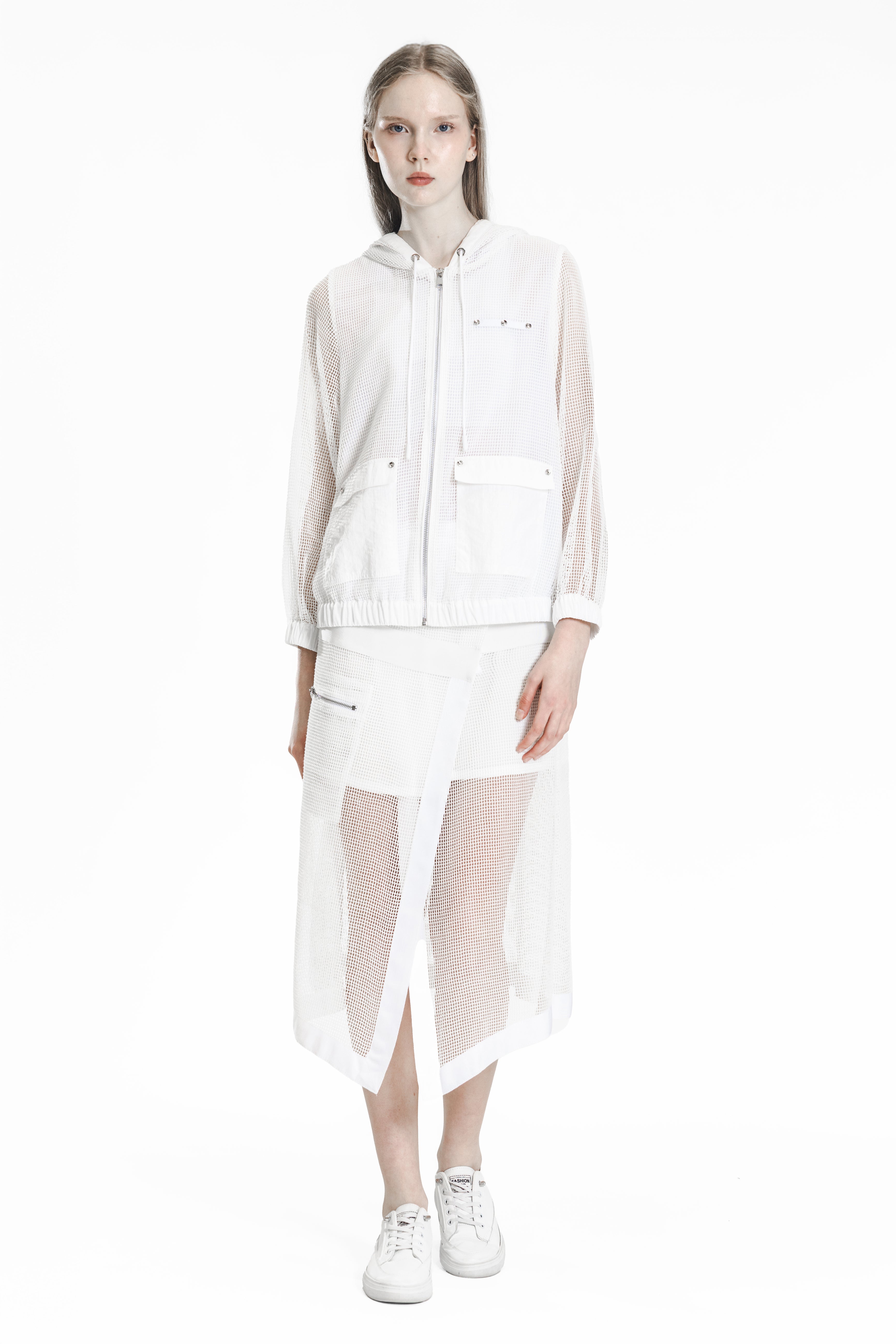 WHITE PLAID CASUAL HOODED WINDBREAKER