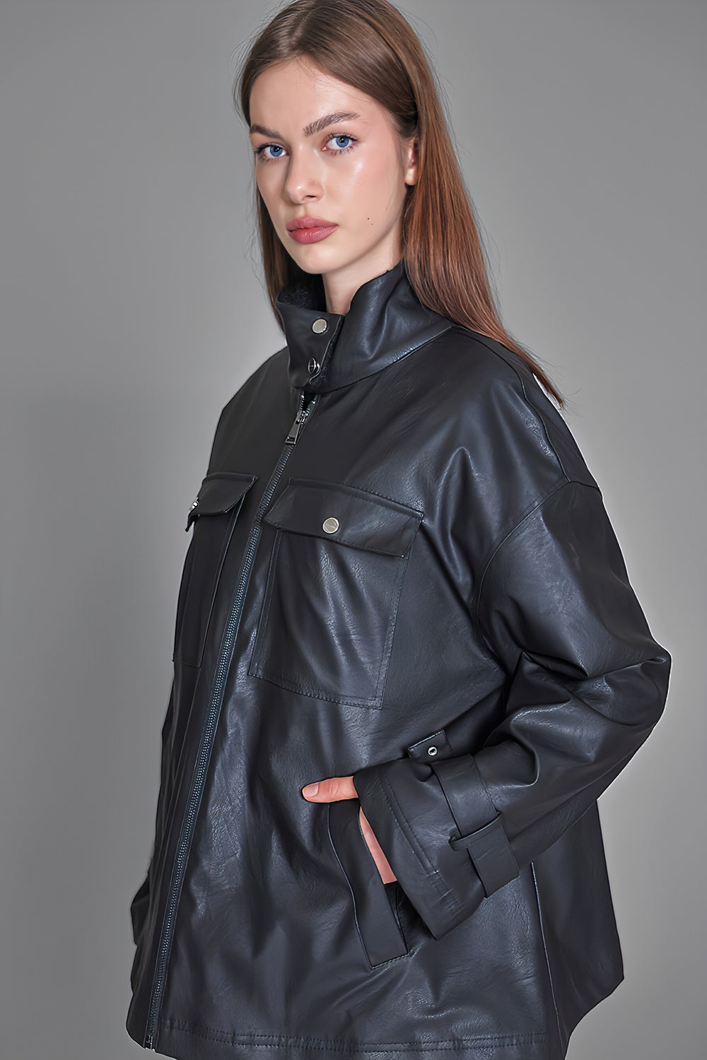 BLACK LEATHER STAND-COLLAR JACKET