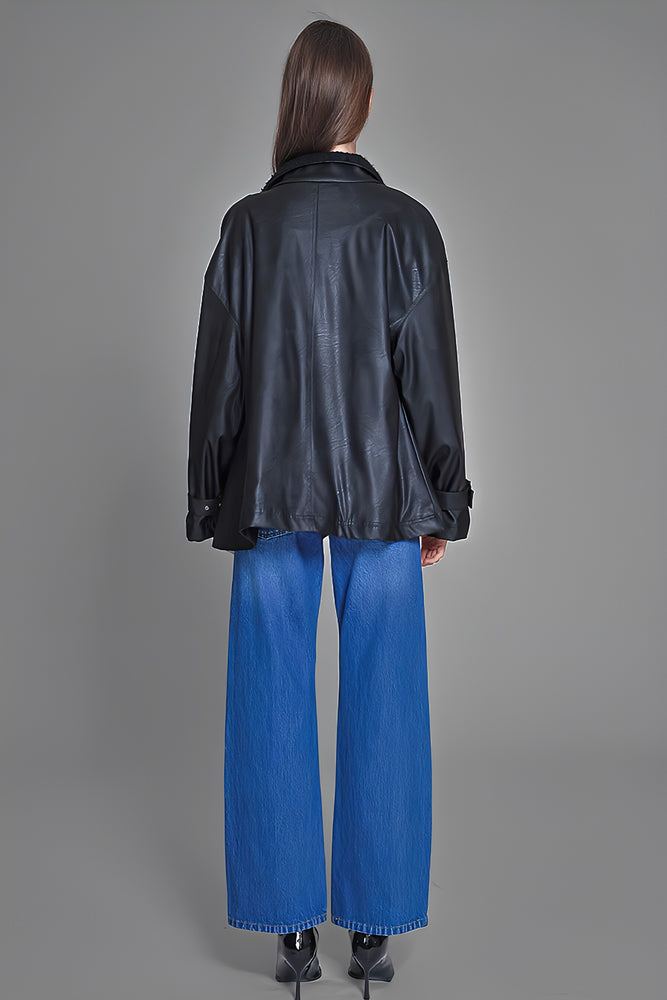 
                  
                    BLACK LEATHER STAND-COLLAR JACKET
                  
                