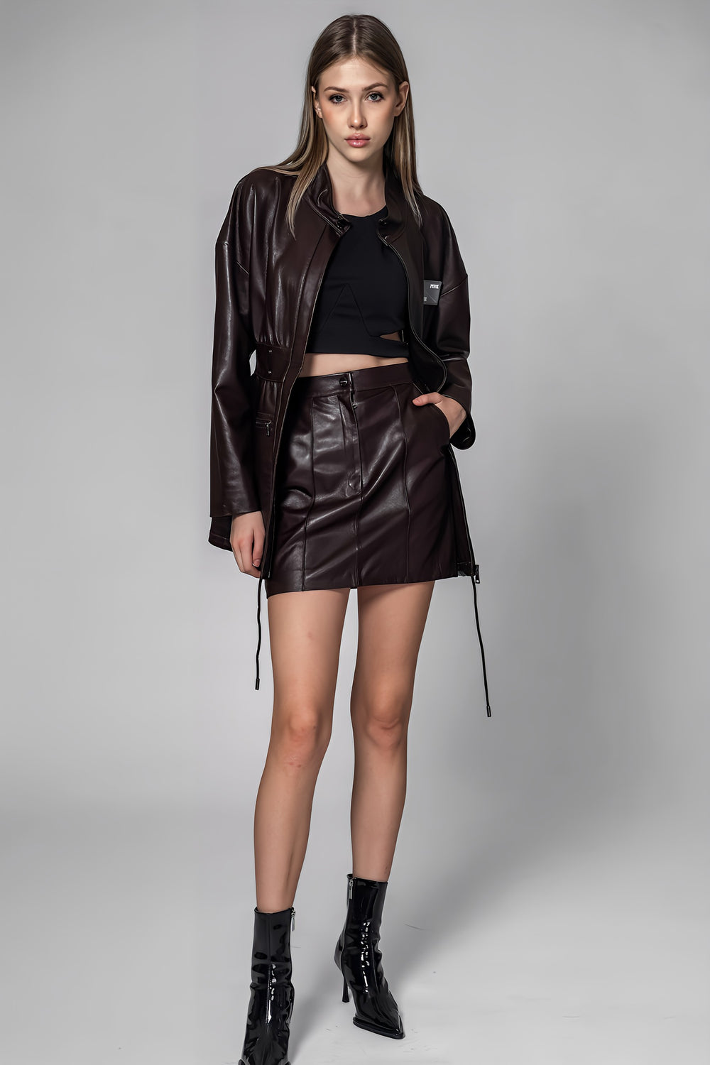 BLACK/BROWN GENUINE LEATHER MINI SKIRT