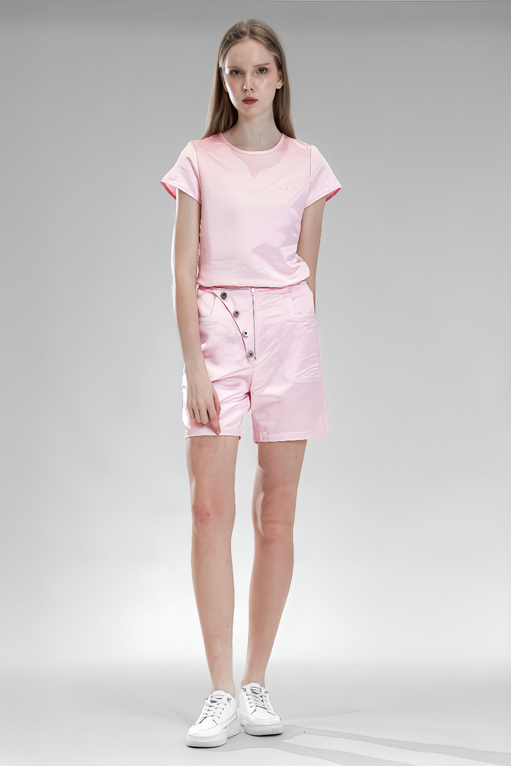 PINK/BLUE SATIN LINEN LACE CASUAL T-SHIRT