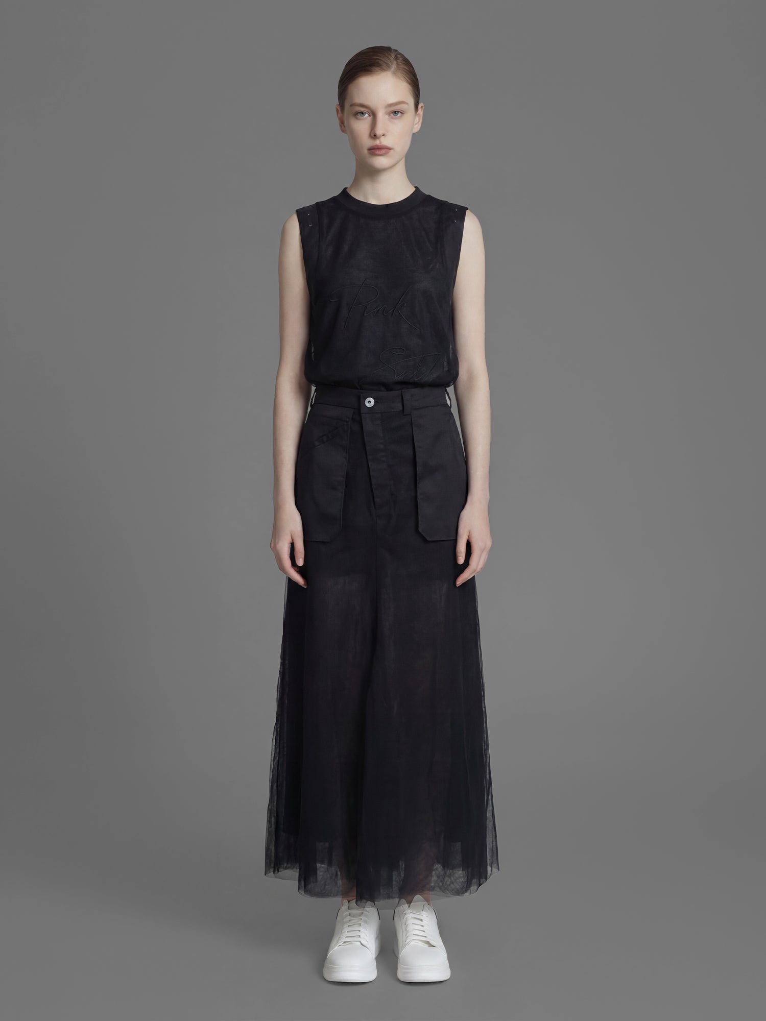 CLASSIC BLACK/STARRY WHITE MESH STATEMENT MAXI SKIRT