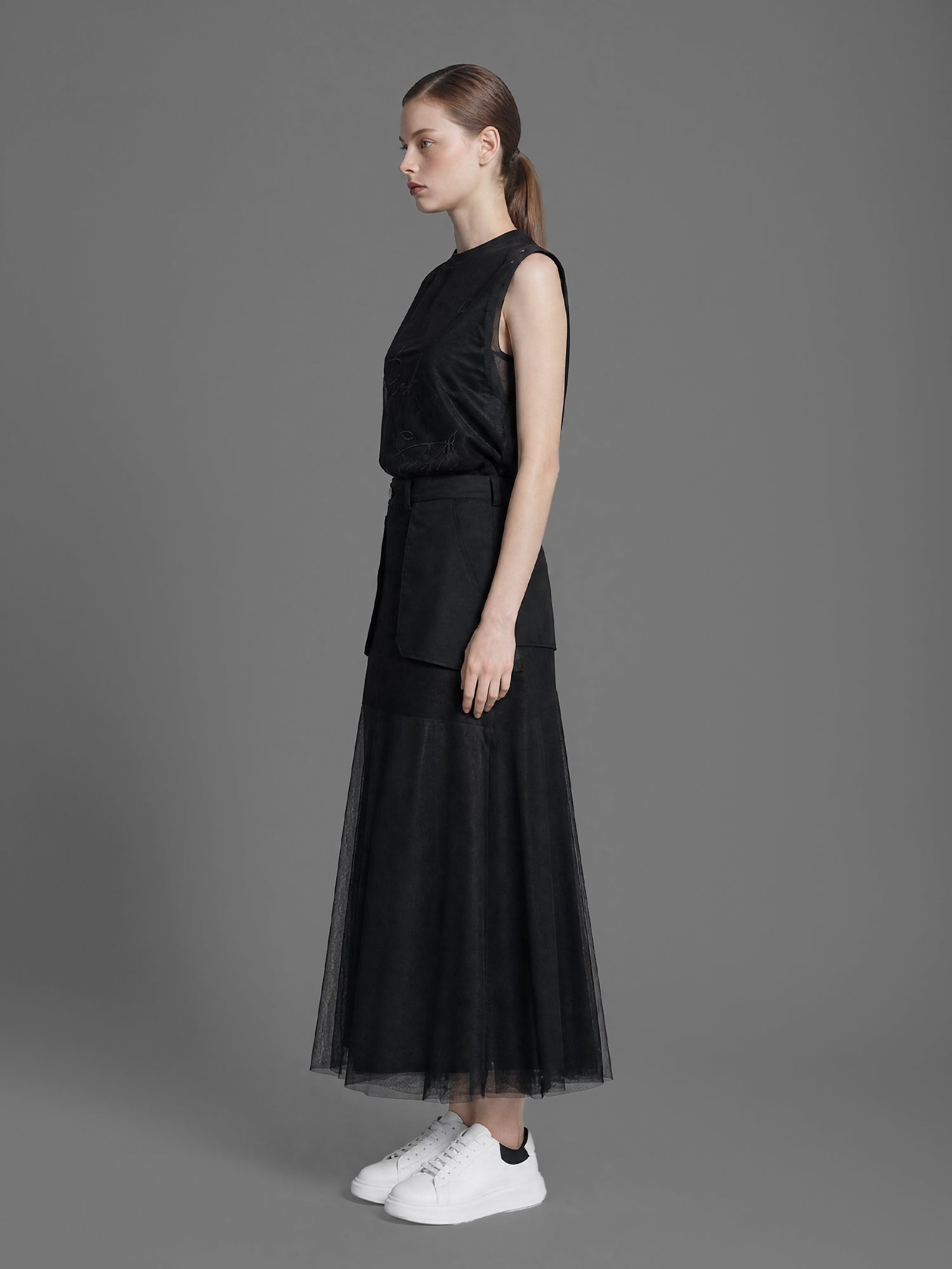 CLASSIC BLACK/STARRY WHITE MESH STATEMENT MAXI SKIRT