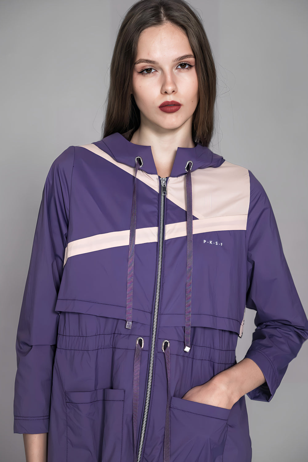 PURPLE COLOR-BLOCKED TRENCH HOODED JACKET