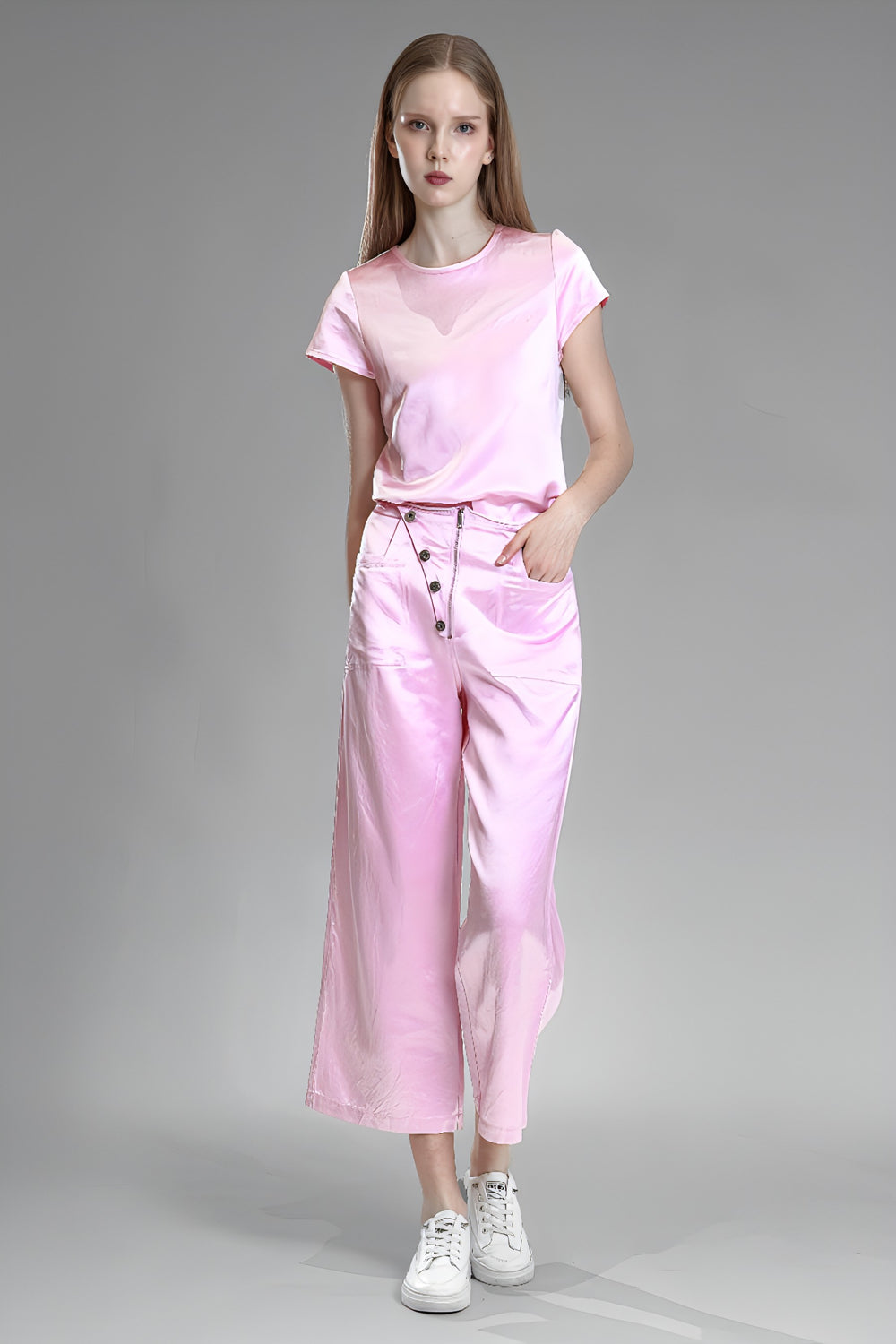 PINK/BLUE SATIN LINEN CASUAL STRAIGHT-LEG PANTS