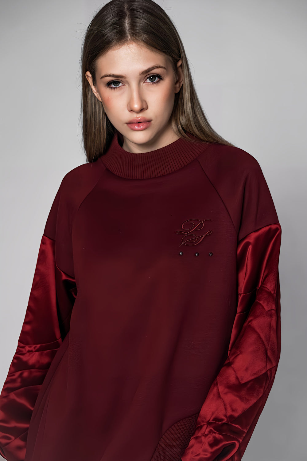 GRAY/DARK RED WOOL-PANELED ASYMMETRICAL T-SHIRT
