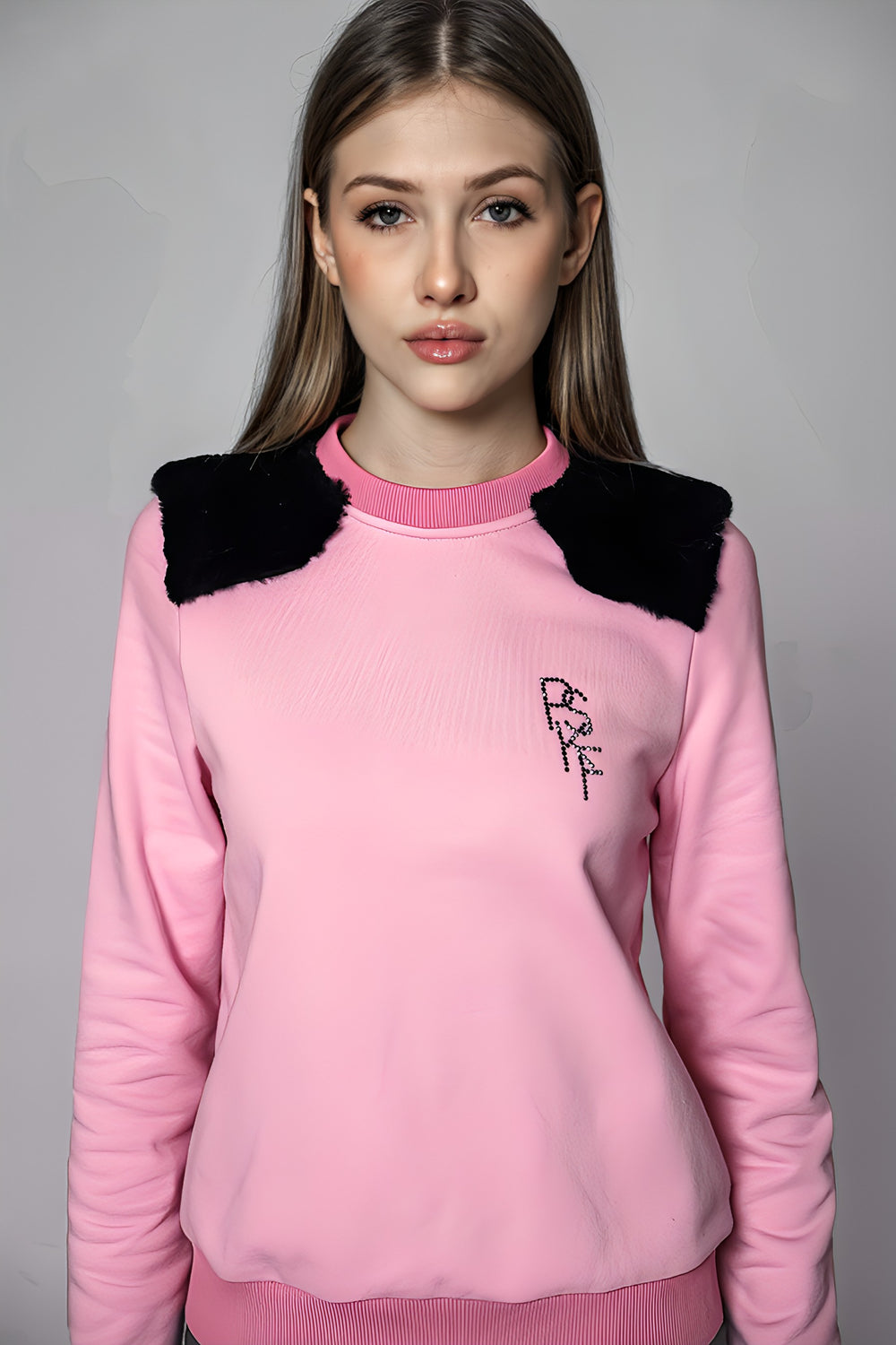 GRAY/PINK RABBIT HAIR PATCH LONG-SLEEVE TEE
