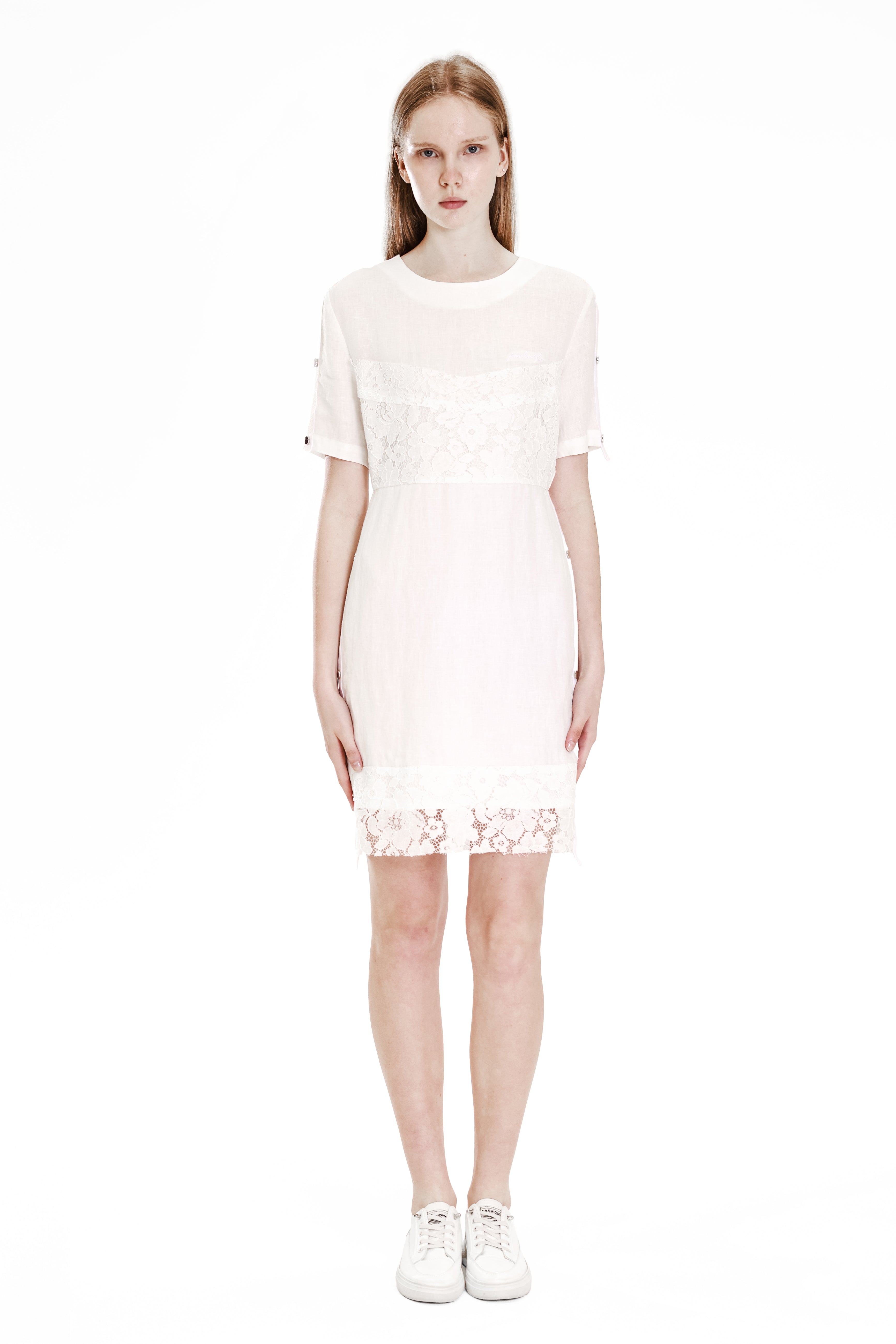 WHITE/BLACK LINEN FIVE-SLEEVE LACE PATCHWORK DRESS