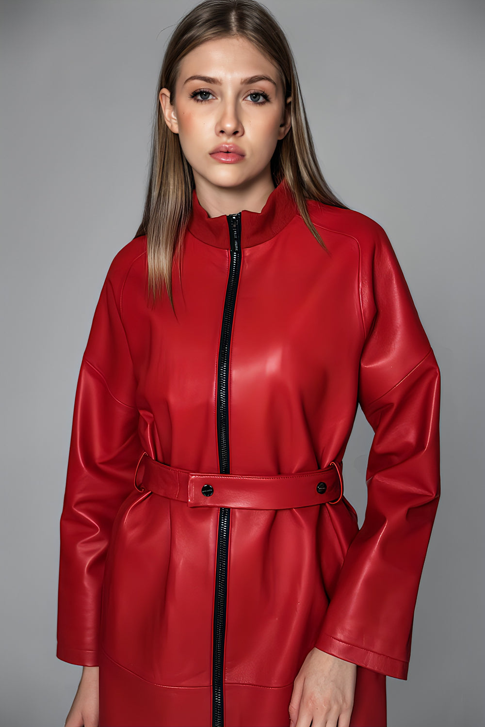 FASHIONABLE RED/BLACK LEATHER LONG DRESS COAT