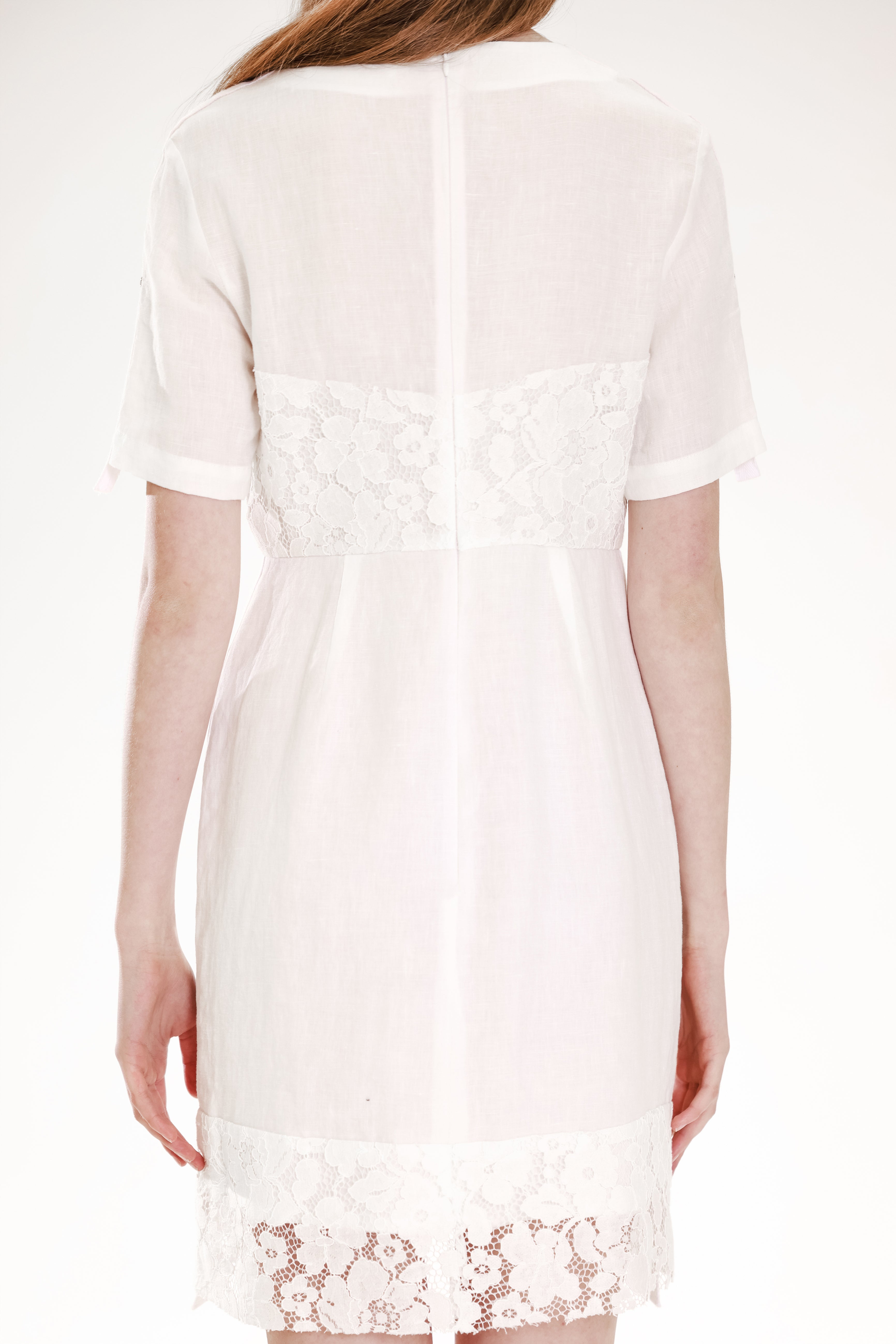 WHITE/BLACK LINEN FIVE-SLEEVE LACE PATCHWORK DRESS