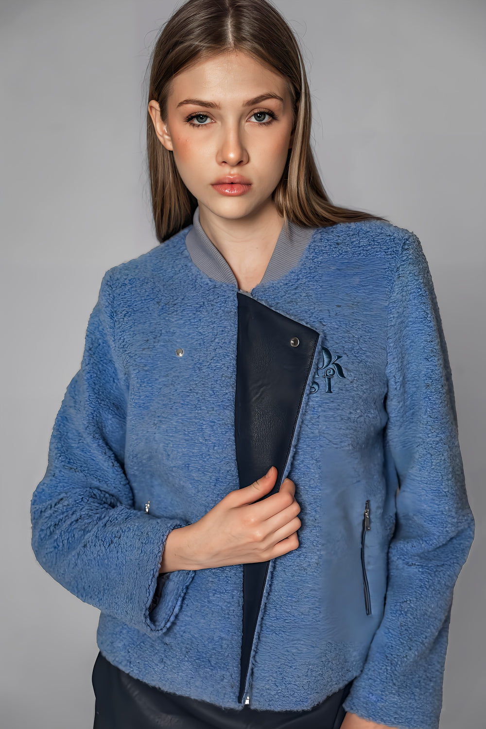 PEACH/BLUE TEXTURED WOOL-PANELLED LEATHER JACKET