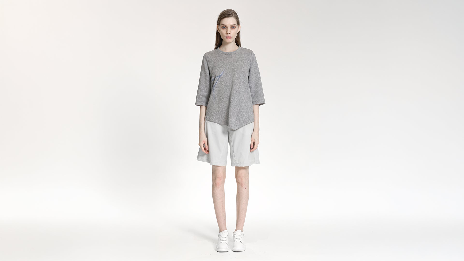 GREY ASYMMETRICAL THREE-QUARTER SLEEVE  TOP