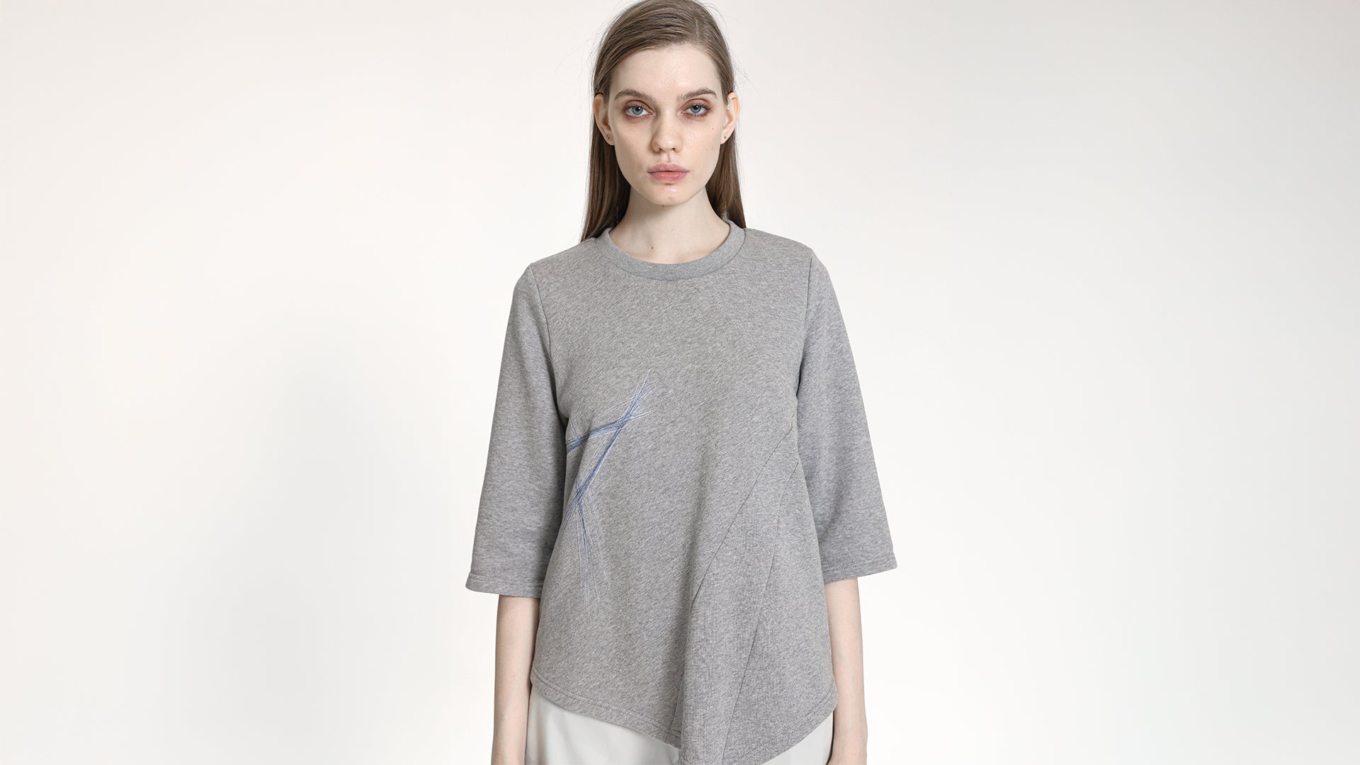 GREY ASYMMETRICAL THREE-QUARTER SLEEVE  TOP