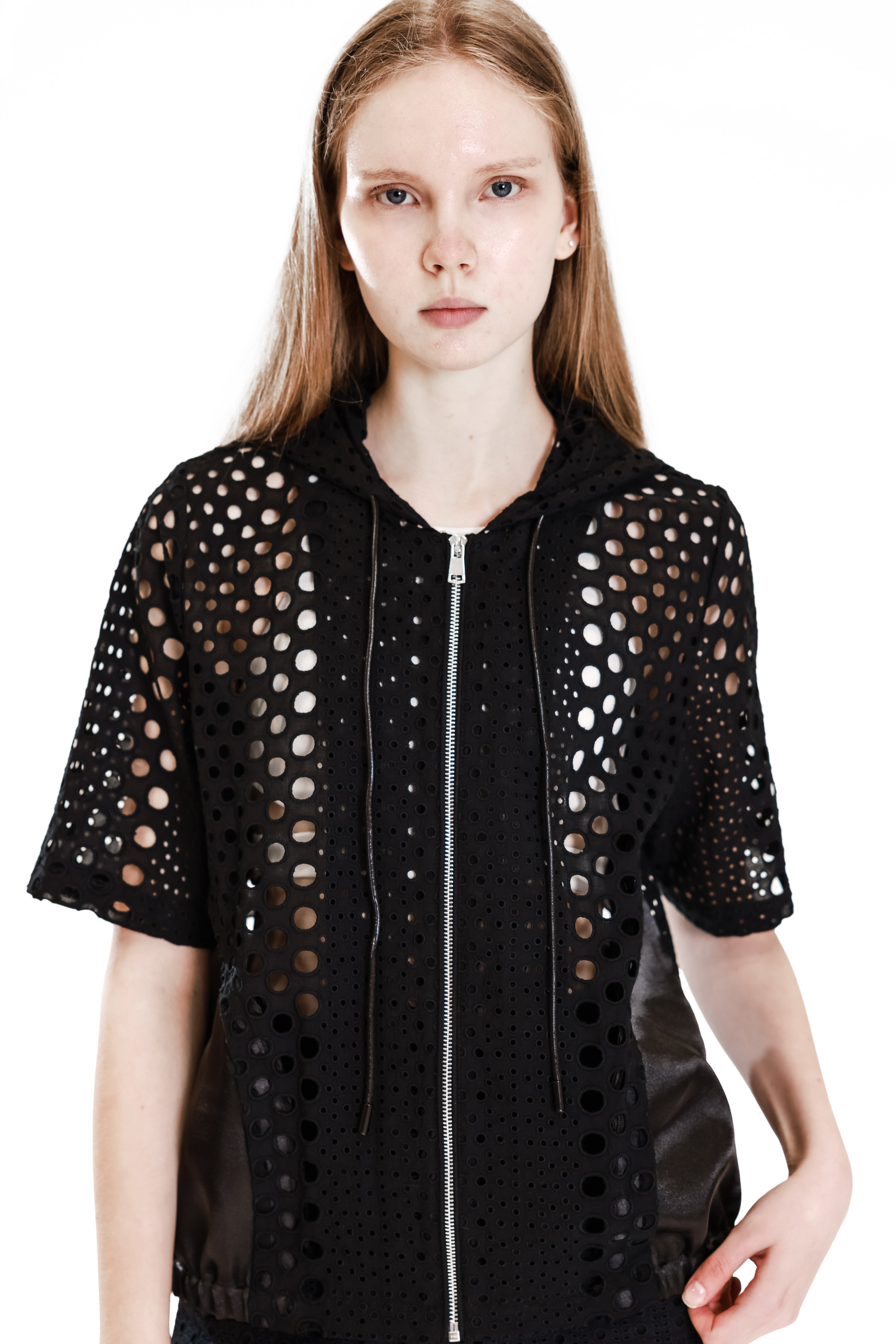 BLACK LACE PANEL UGANDAN HOODED JACKET