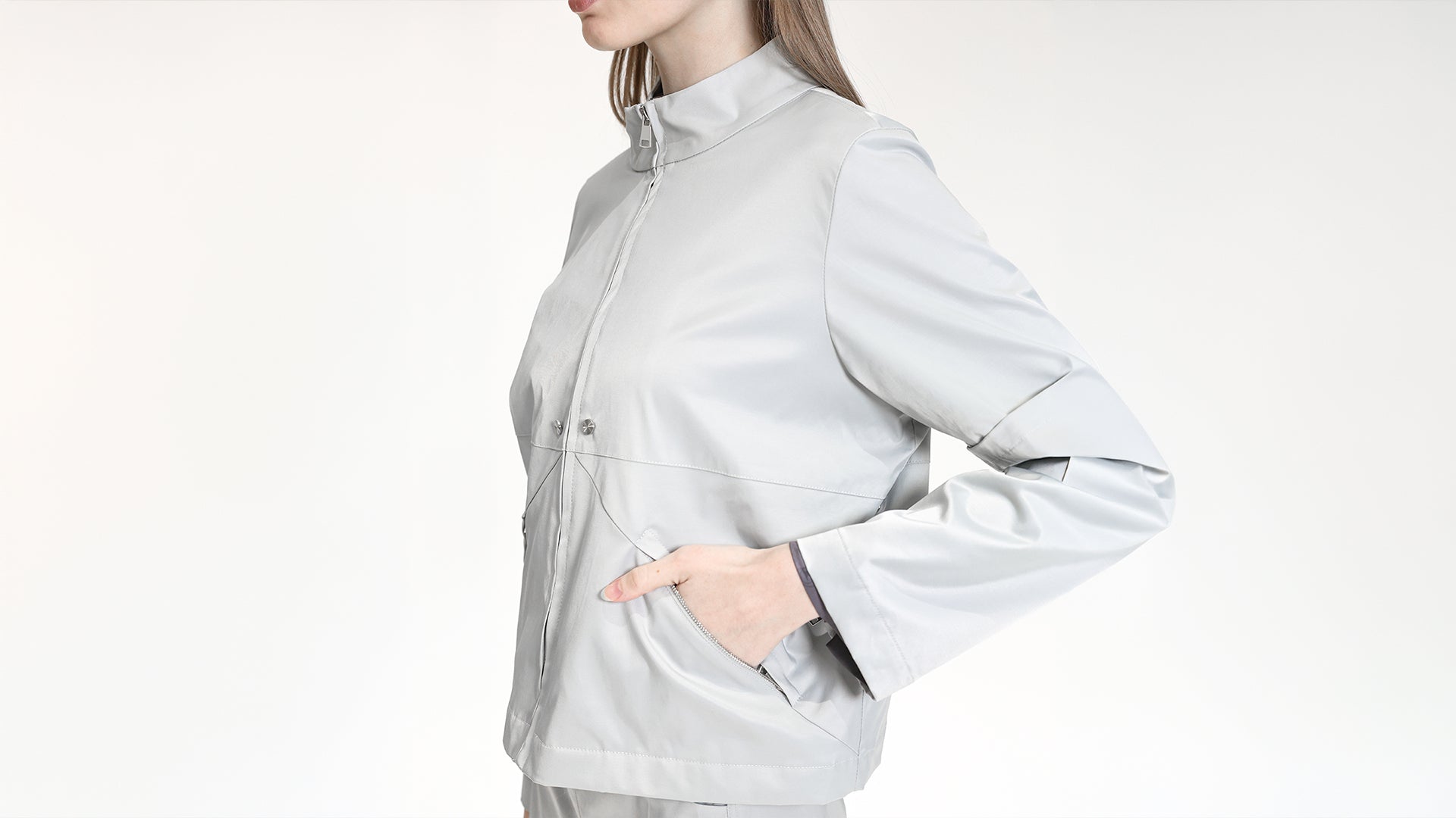 LIGHT GREY STAND-COLLAR LEATHER JACKET