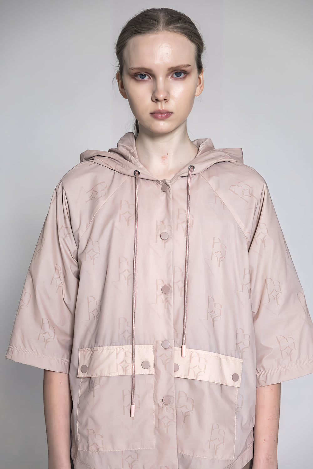 PINK BEIGE/ORANGE LOGO PRINT HOODED TRENCH COAT
