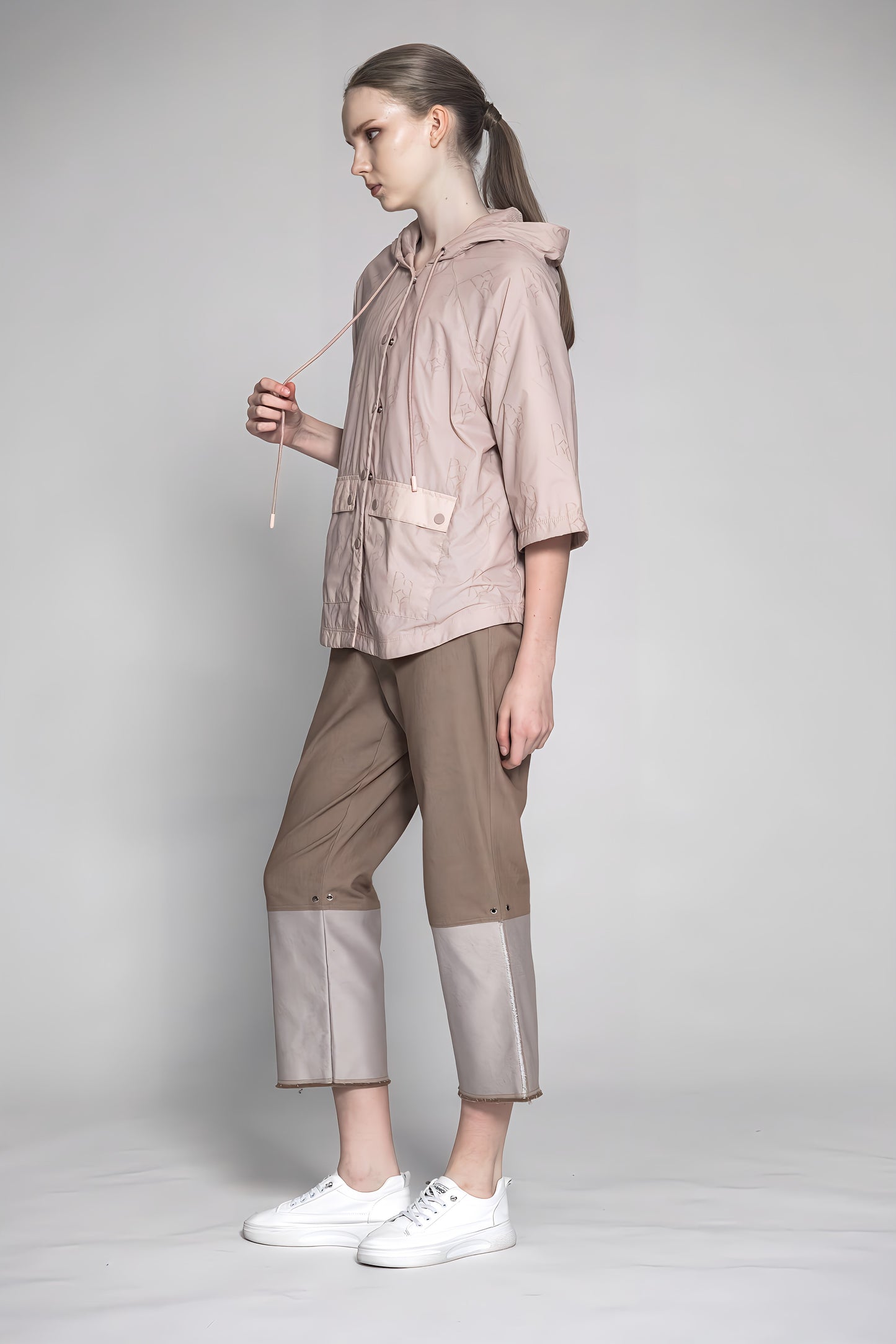 
                  
                    PINK BEIGE/ORANGE LOGO PRINT HOODED TRENCH COAT
                  
                