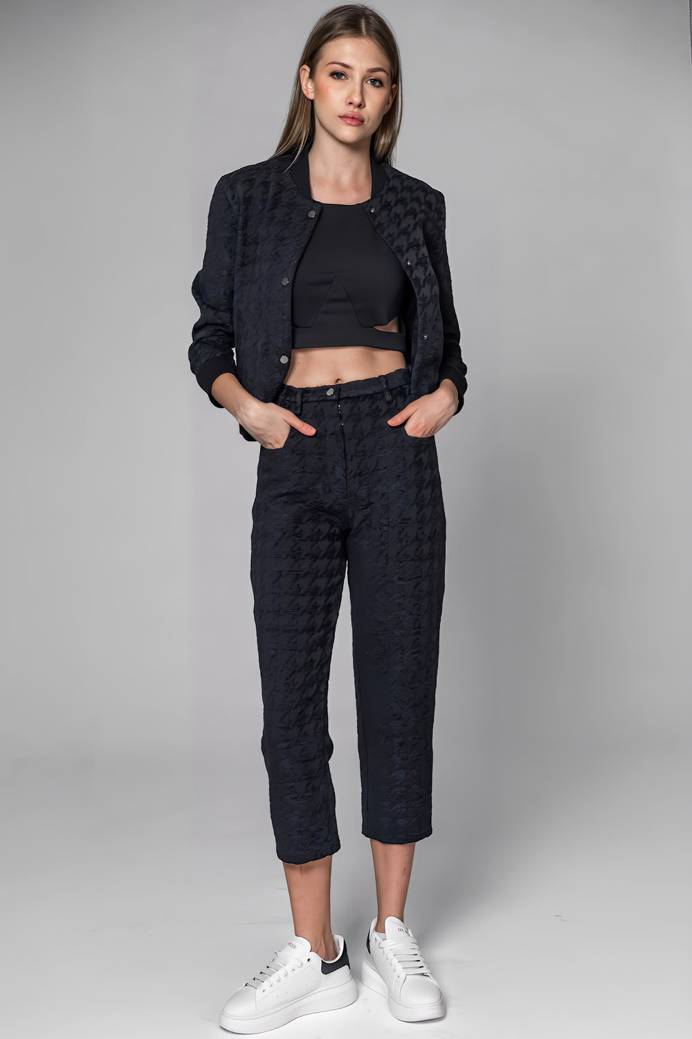 DARK BLUE HOUNDSTOOTH TAPERED PANTS