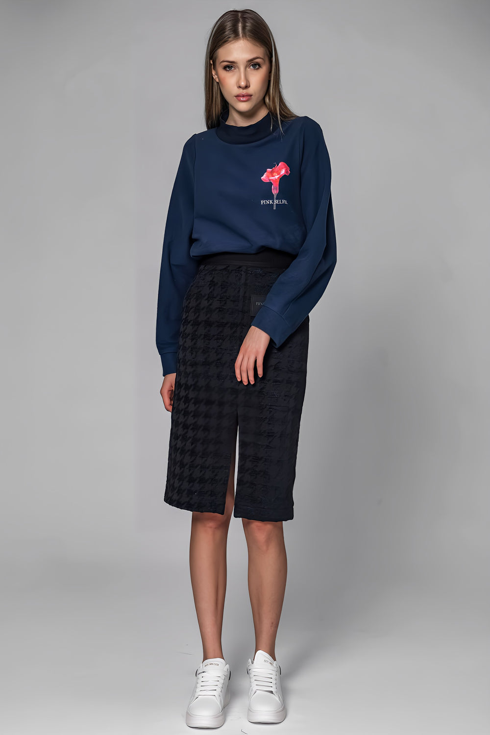 DARK BLUE HOUNDSTOOTH MIDI SKIRT