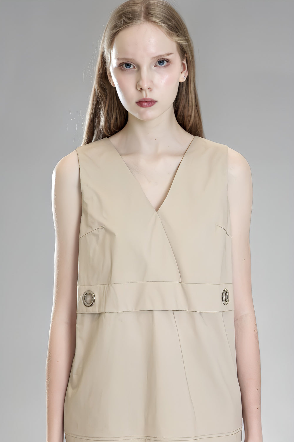 WHITE/KHAKI V-NECK TANK LONG TOP