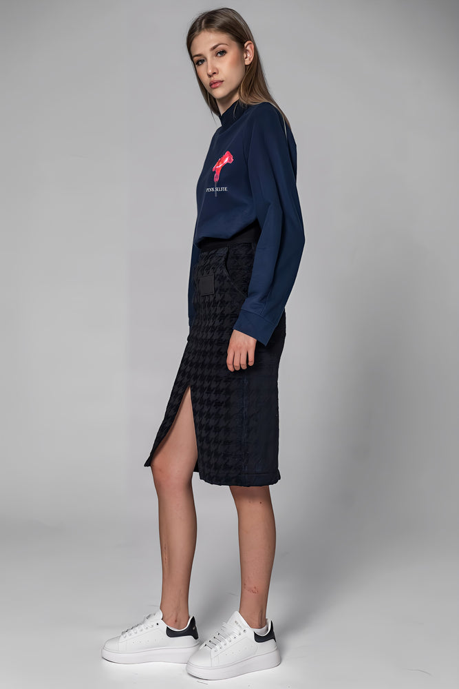 
                  
                    DARK BLUE HOUNDSTOOTH MIDI SKIRT
                  
                