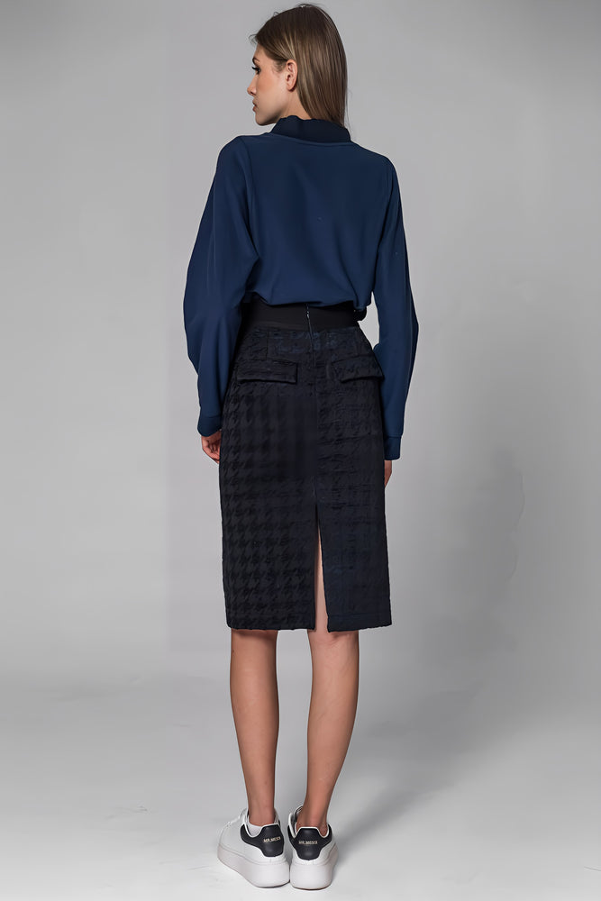 
                  
                    DARK BLUE HOUNDSTOOTH MIDI SKIRT
                  
                