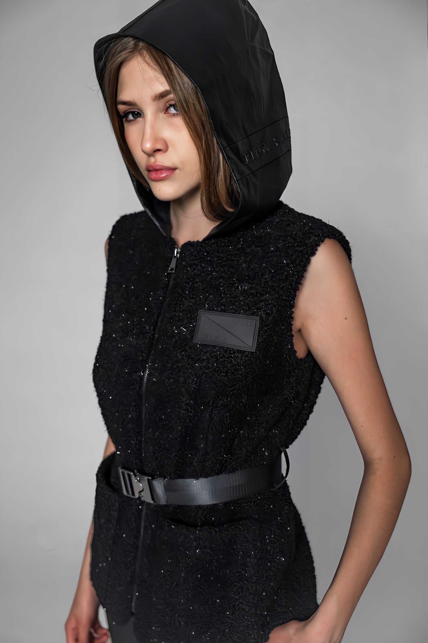 
                  
                    BLACK/WHITE TEXTURED WOOL-PANELLED HOODED VEST JACKET
                  
                