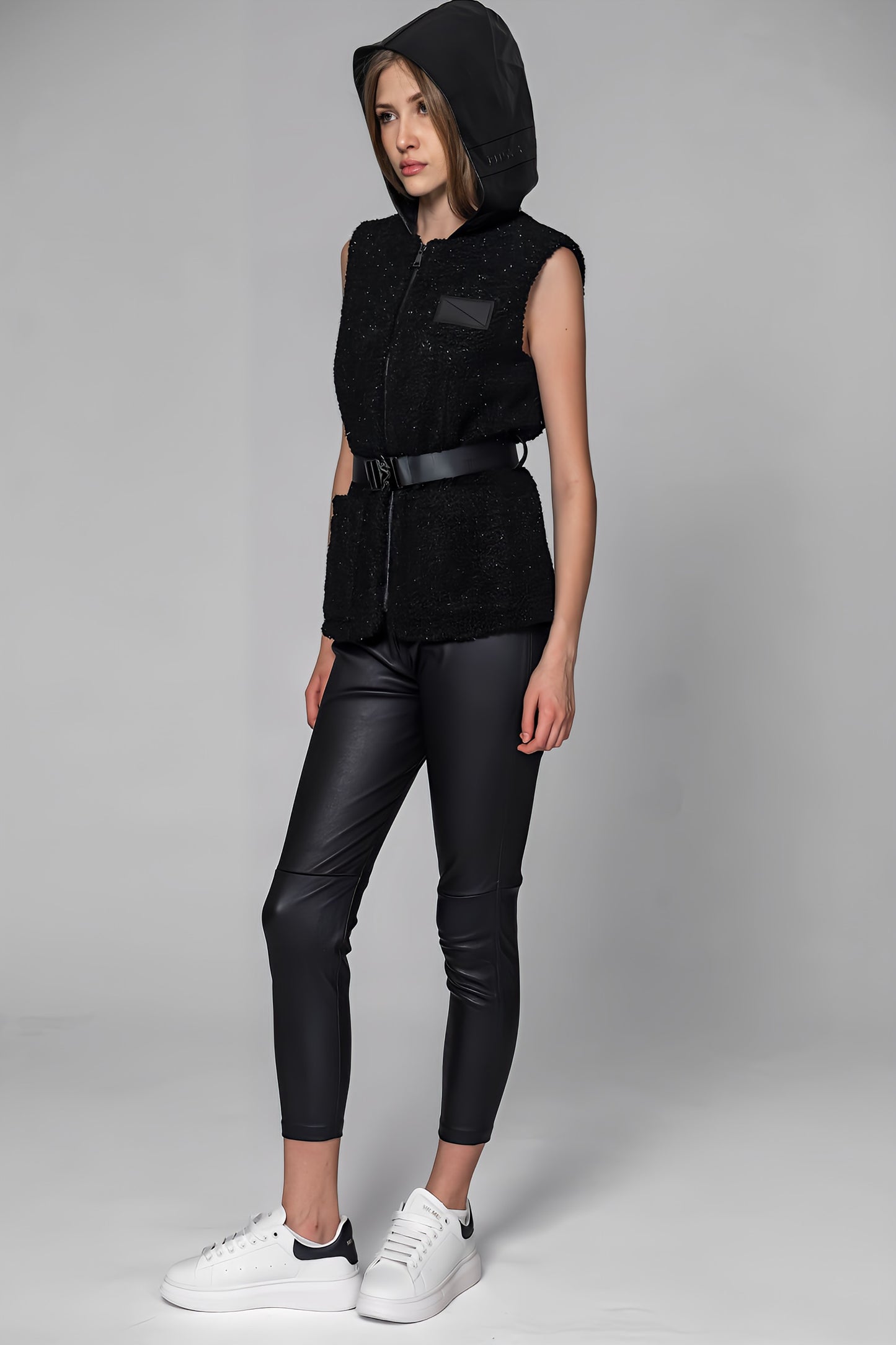 
                  
                    BLACK/WHITE TEXTURED WOOL-PANELLED HOODED VEST JACKET
                  
                